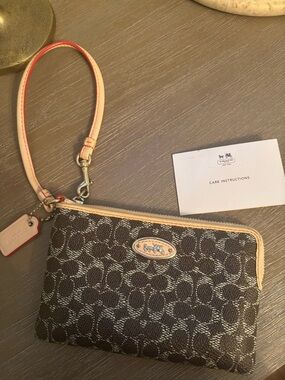 Coach Brown Signature Canvas Wristlet with Tan Leather Trim